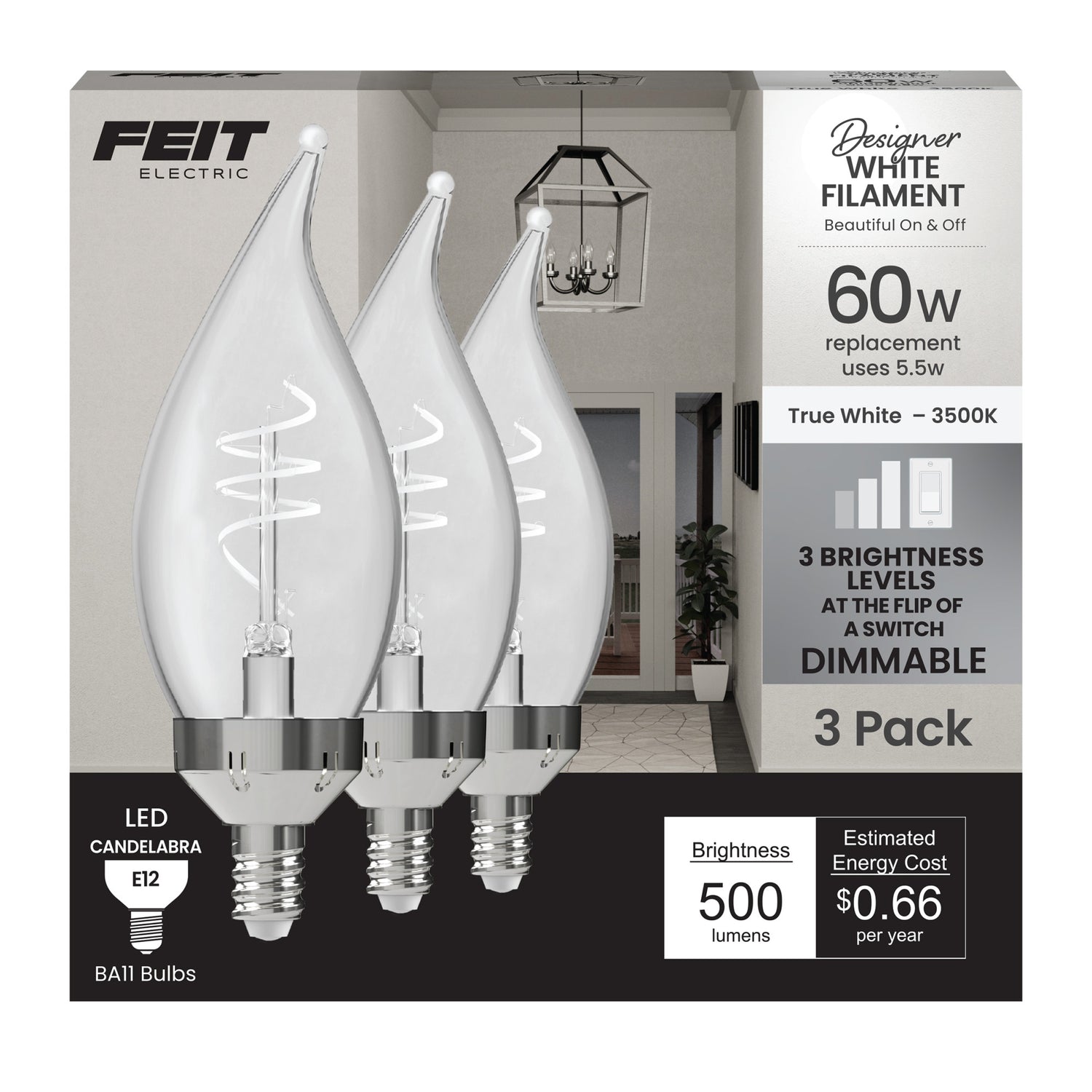 5.5W (60W Replacement) True White (3500K) E12 Base BA11 Flame Tip 3-Level Dimming White Filament LED Bulb (3-Pack)