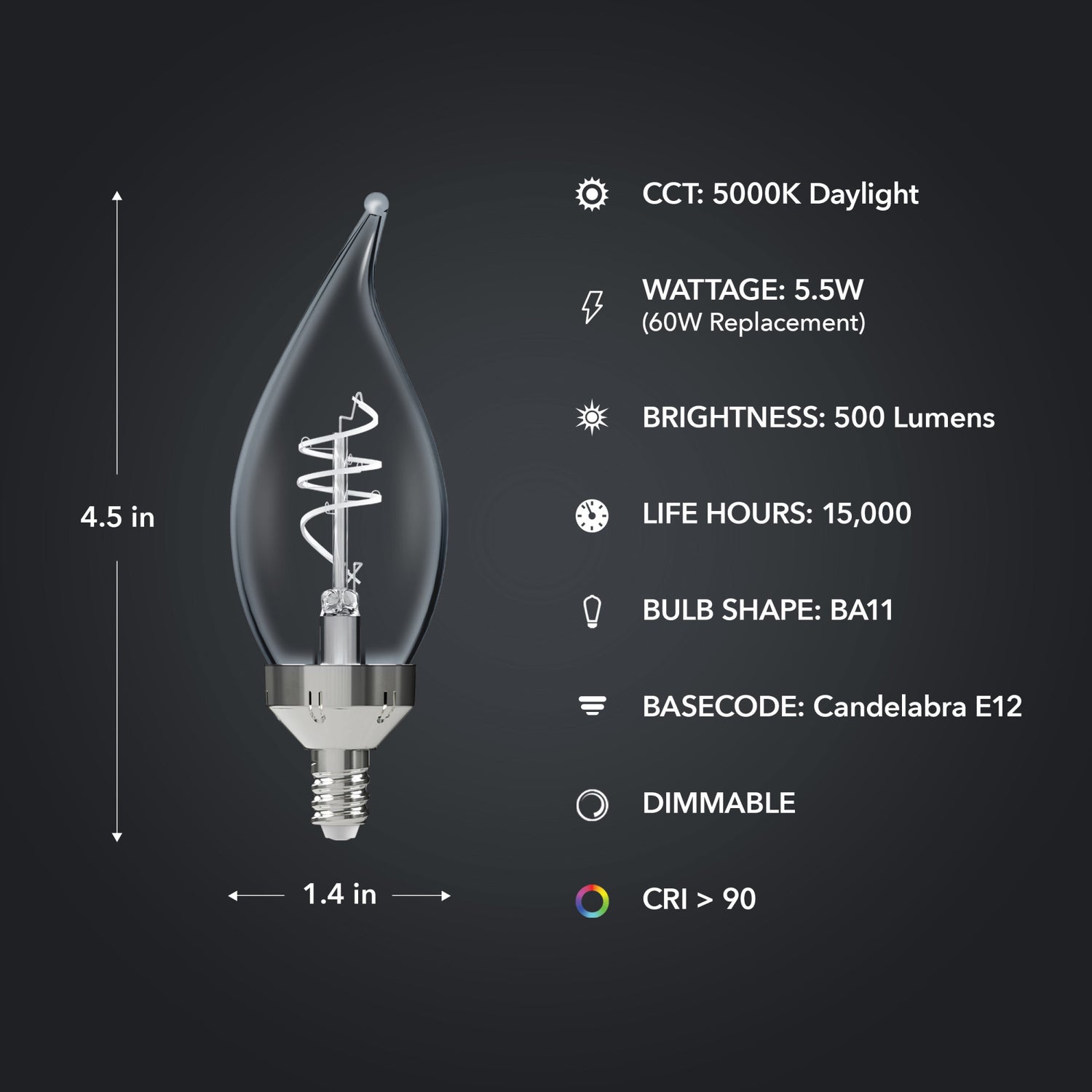 5.5W (60W Replacement) Daylight (5000K) E12 Base BA11 Shape Flame Tip 3-Level Dimming White Filament LED Bulb (3-Pack)