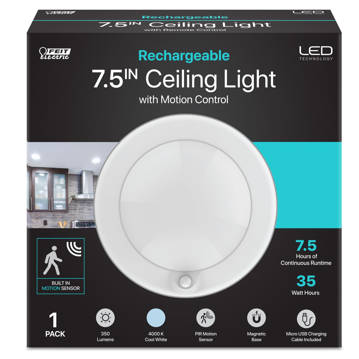 7.5 in. Round Cool White (4000K)Rechargeable Battery Motion Sensing Ceiling Fixture