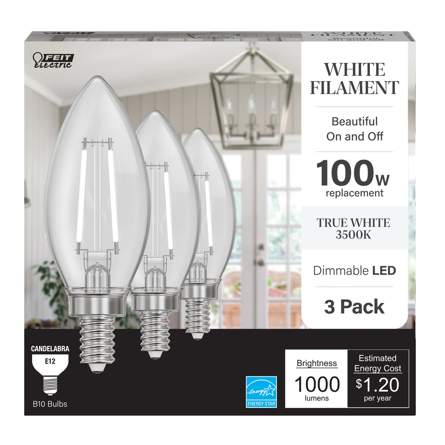 10W (100W Replacement) True White (3500K) B10 Candelabra (E12 Base) Dimmable Torpedo Tip Exposed White Filament Chandelier LED Bulb (3-Pack)
