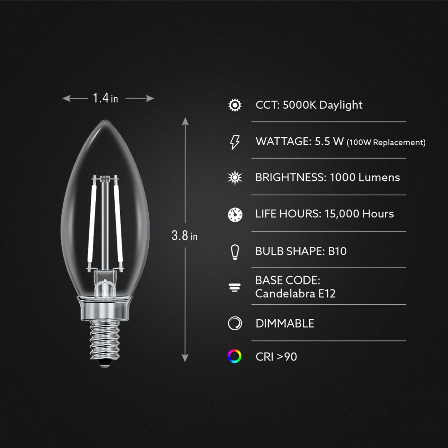 10W (100W Equivalent) Daylight (5000K) B10 Shape (E12 Base) Torpedo Tip LED Exposed White Filament Bulb (3-Pack)