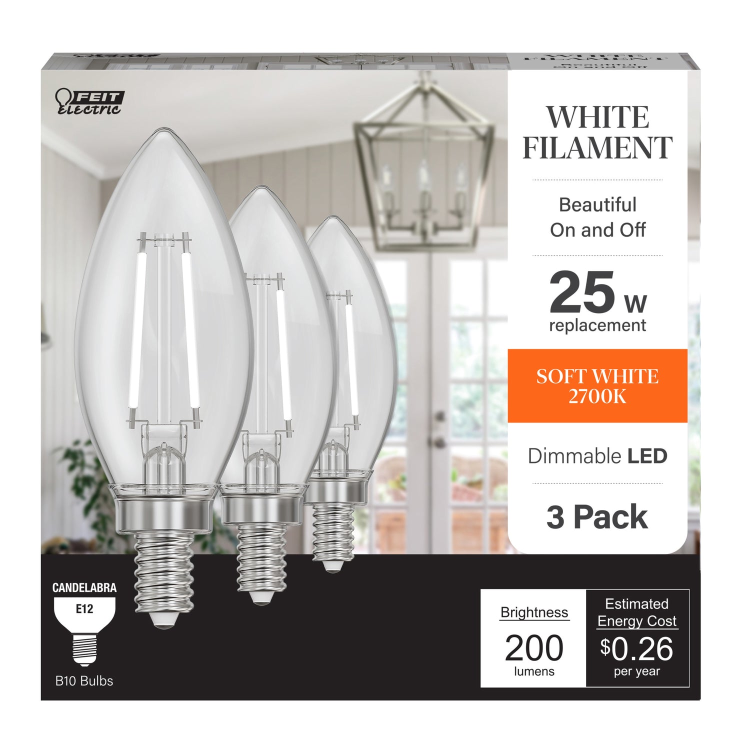 2.2W (25W Replacement) Soft White (2700K) B10 Shape (E12 Base) Torpedo Tip Exposed White Filament LED Bulb (3-Pack)