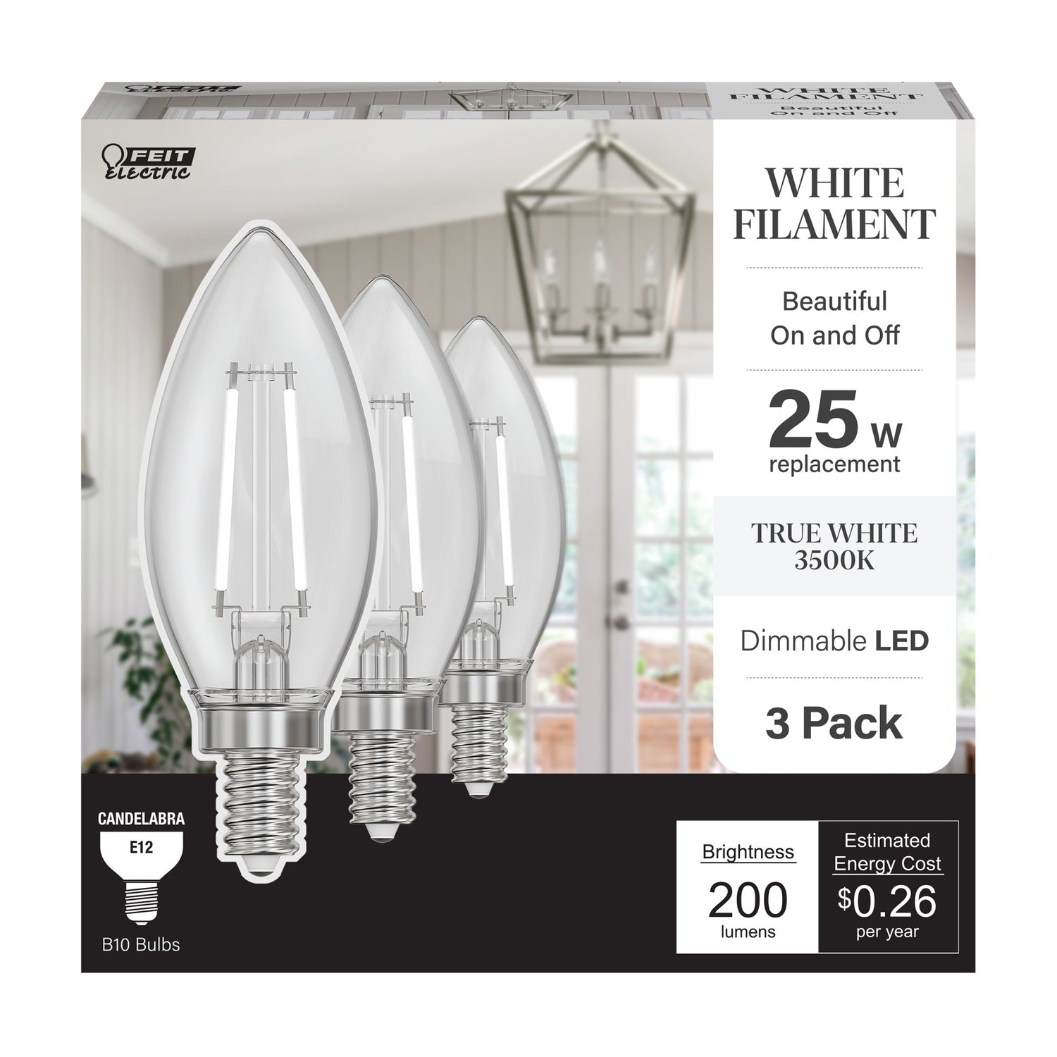 2.2W (25W Replacement) True White (3500K) E12 Base Chandelier B10 Torpedo Tip White Filament Light Bulb (3-Pack)