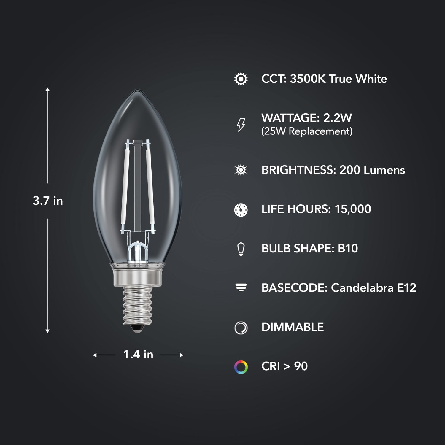 2.2W (25W Replacement) True White (3500K) E12 Base Chandelier B10 Torpedo Tip White Filament Light Bulb (3-Pack)