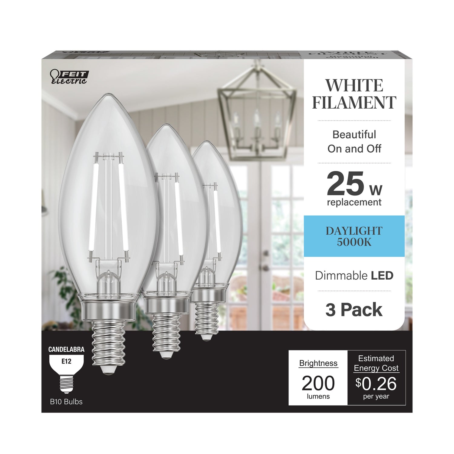 2.2W (25W Replacement) Daylight (5000K) B10 Shape (E12 Base) Torpedo Tip White Filament LED Bulb (3-Pack)