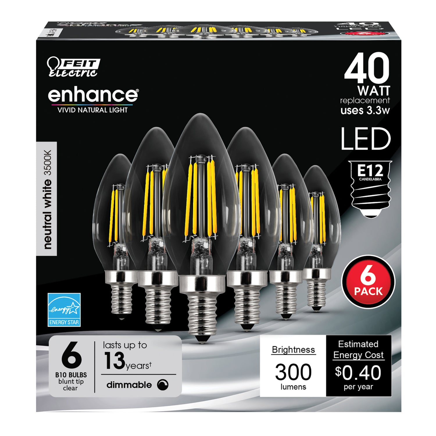 3.2W (40W Replacement) True White (3500K) E12 Base B10 Blunt Tip Dimmable Enhance Filament LED Bulb (6-Pack)
