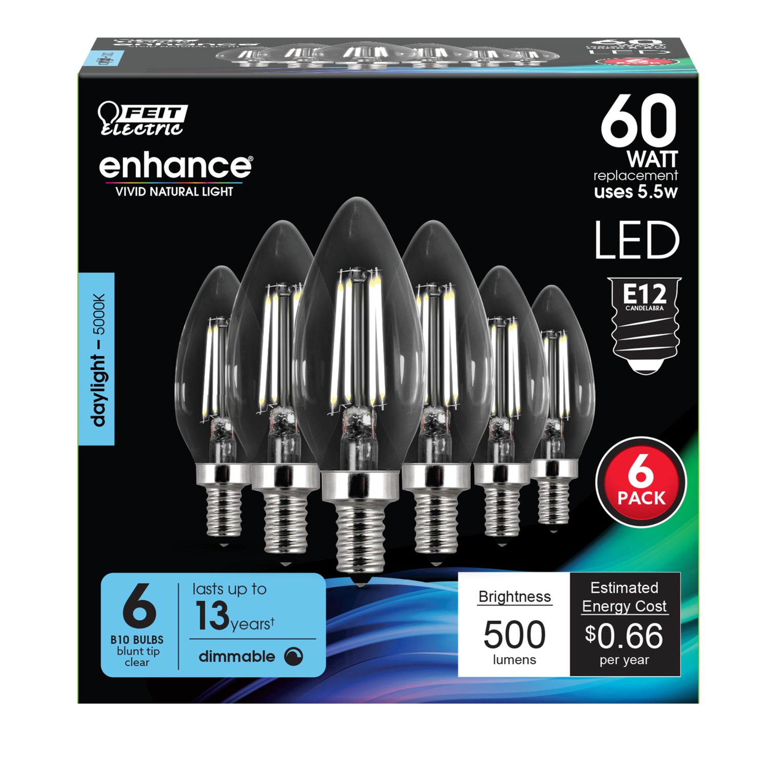 60W Replacement Clear B10 Dimmable Daylight Decorative LED Filament (6-Pack)