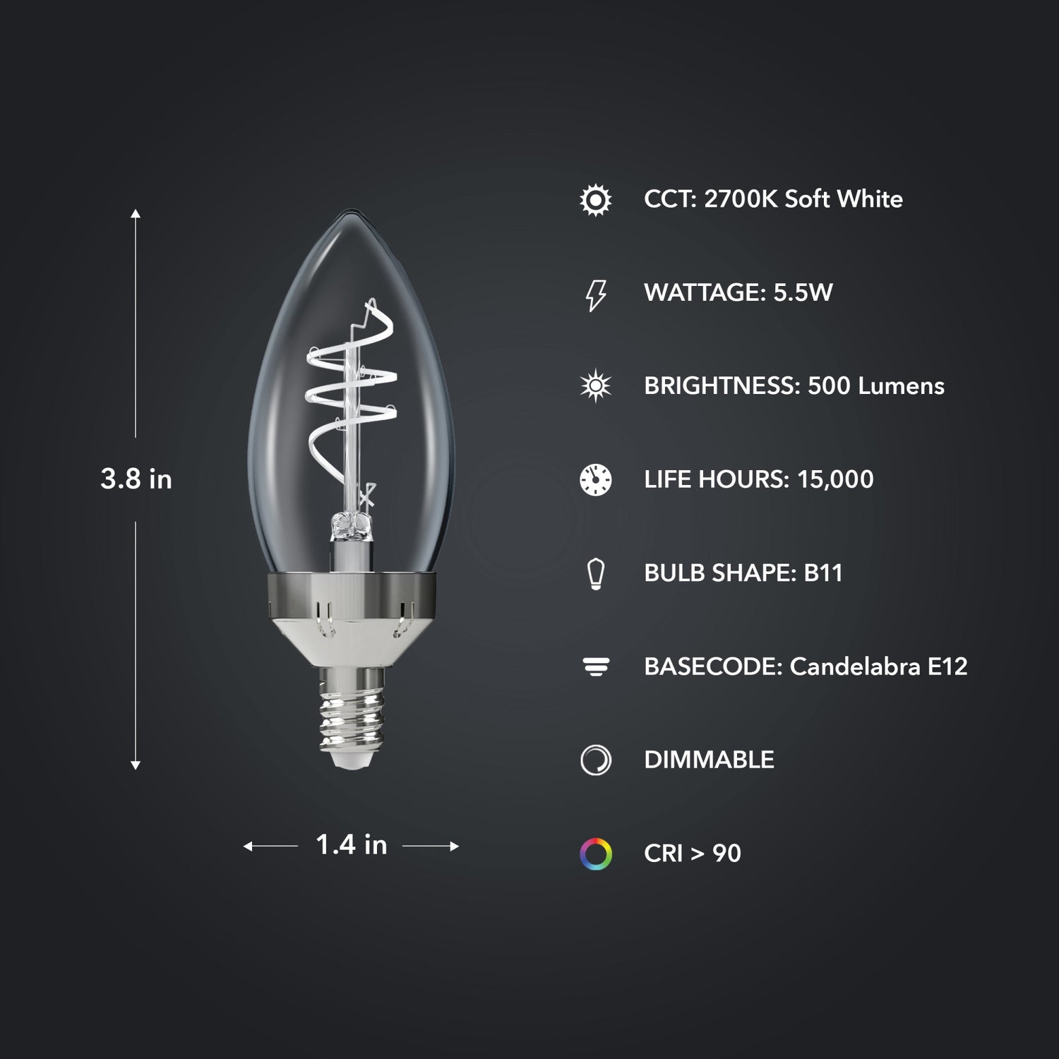 5.5W (60W Replacement) Soft White (2700K) E12 Base B11 Shape 3-Level Dimming Torpedo White Filament Bulb (3-Pack)