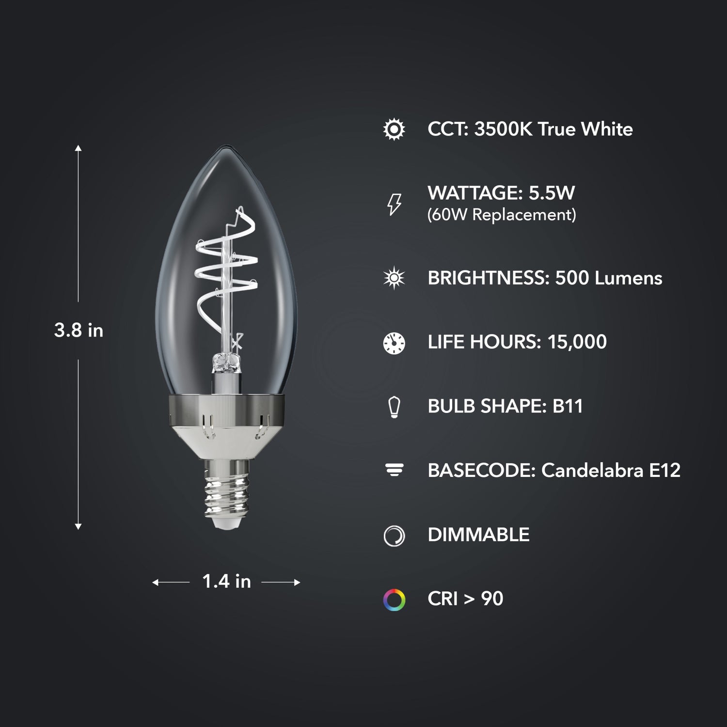 5.5W (60W Replacement) True White (3500K) E12 Base B10 Candelabra 3-Level Dimming Torpedo Tip White Filament LED Bulb (3-Pack)