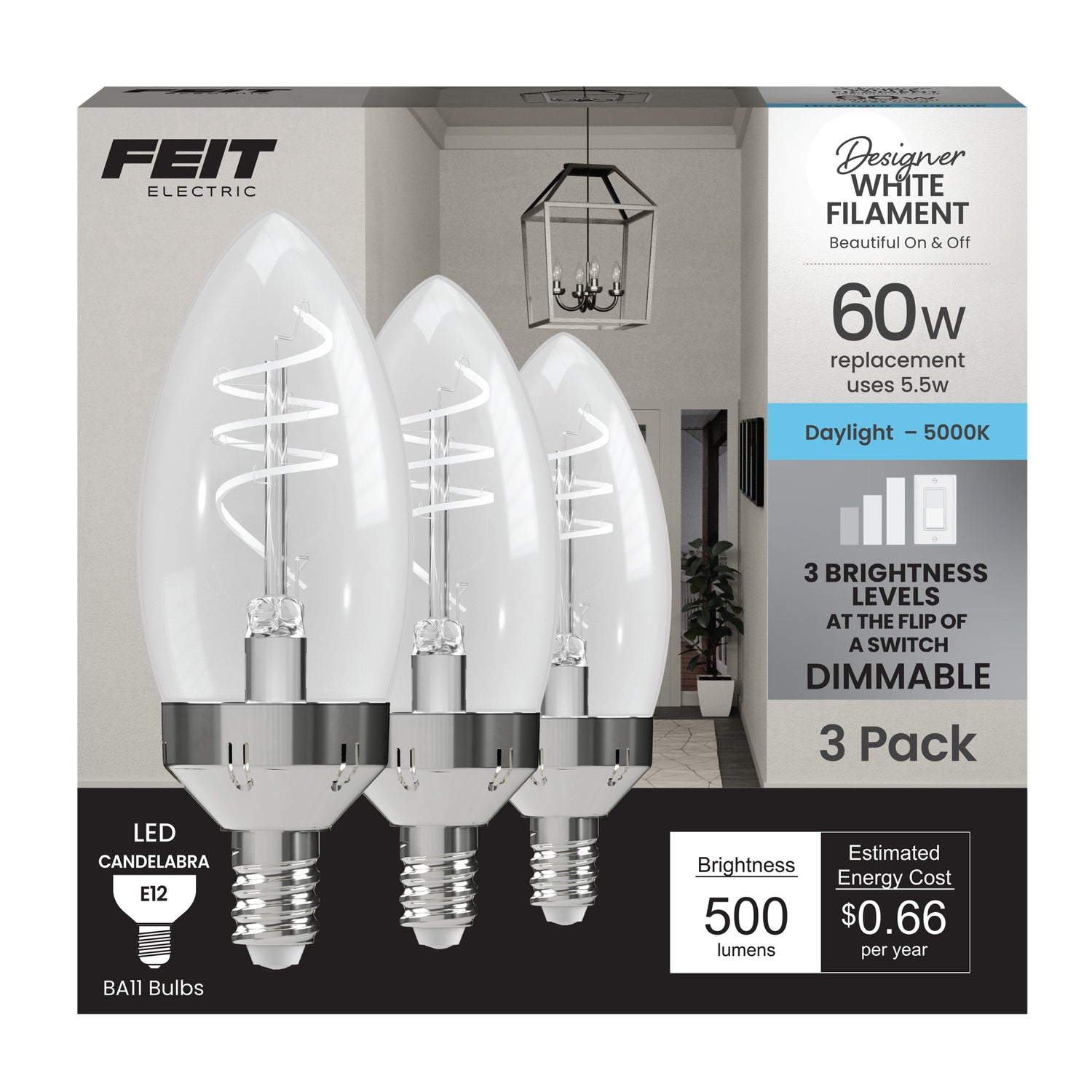 5.5W (60W Replacement) Daylight (5000K) E12 Base B11 Shape 3-Level Dimming Torpedo Tip White Filament LED Bulb (3-Pack)