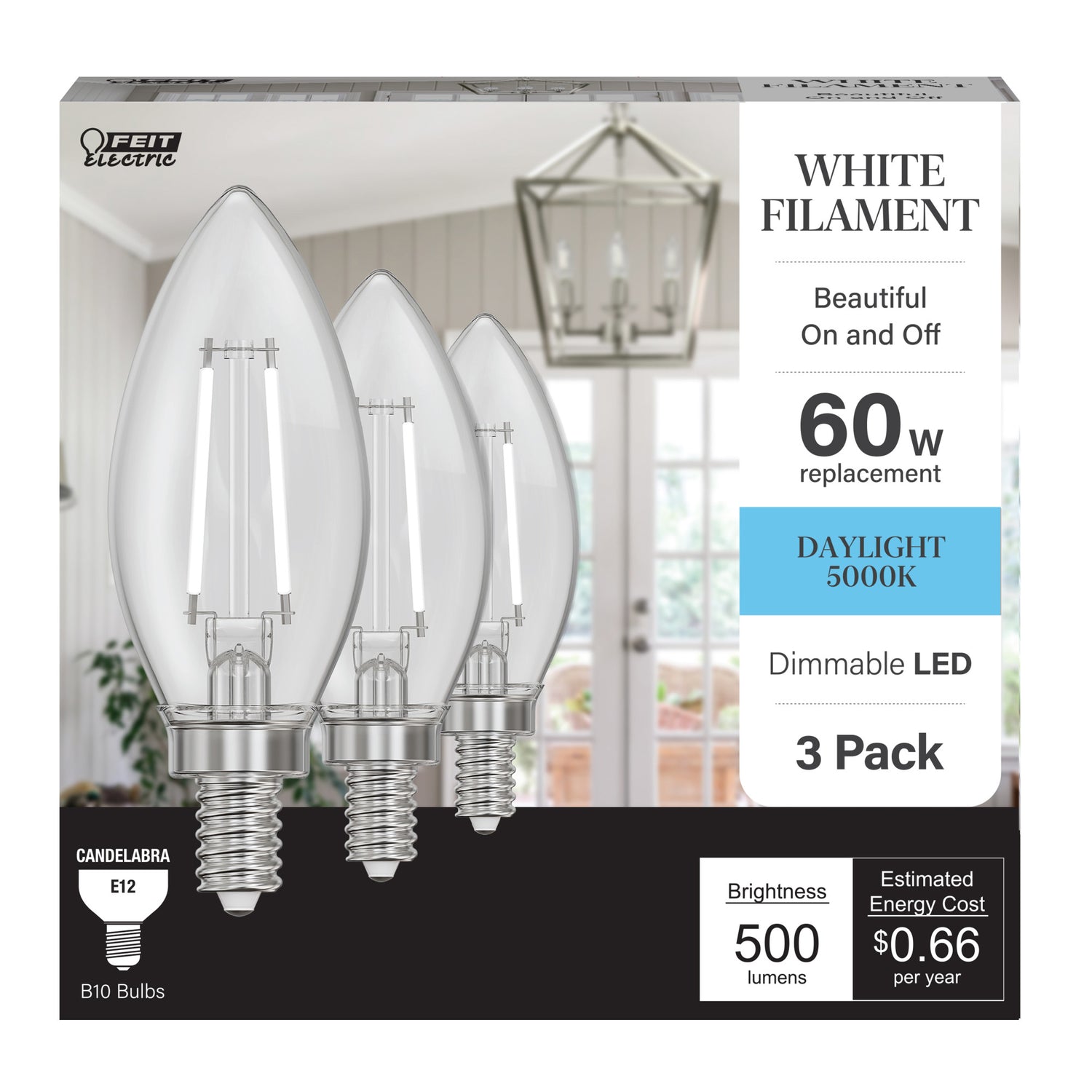 5.5W (60W Replacement) Daylight (5000K) B10 Shape (E12 Base) Torpedo Tip White Filament LED Bulb (3-Pack)