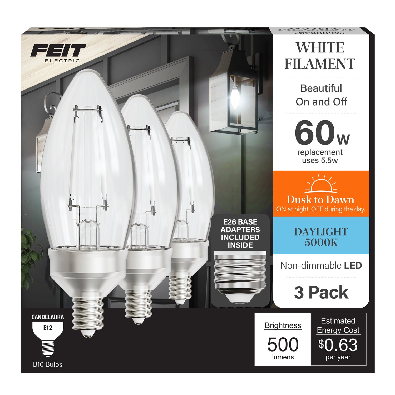 5.5W (60W Replacement) Daylight (5000K) E12 Base BA10 Dimmable Dusk to Dawn Torpedo Tip White Filament LED Bulb (3-Pack)