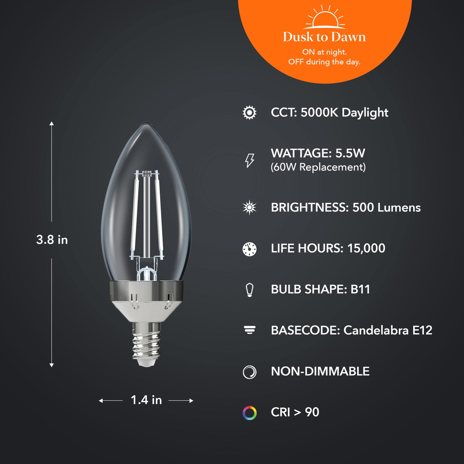 5.5W (60W Replacement) Daylight (5000K) E12/E26 Base BA10 Dimmable Dusk to Dawn Torpedo Tip White Filament LED Bulb (3-Pack)