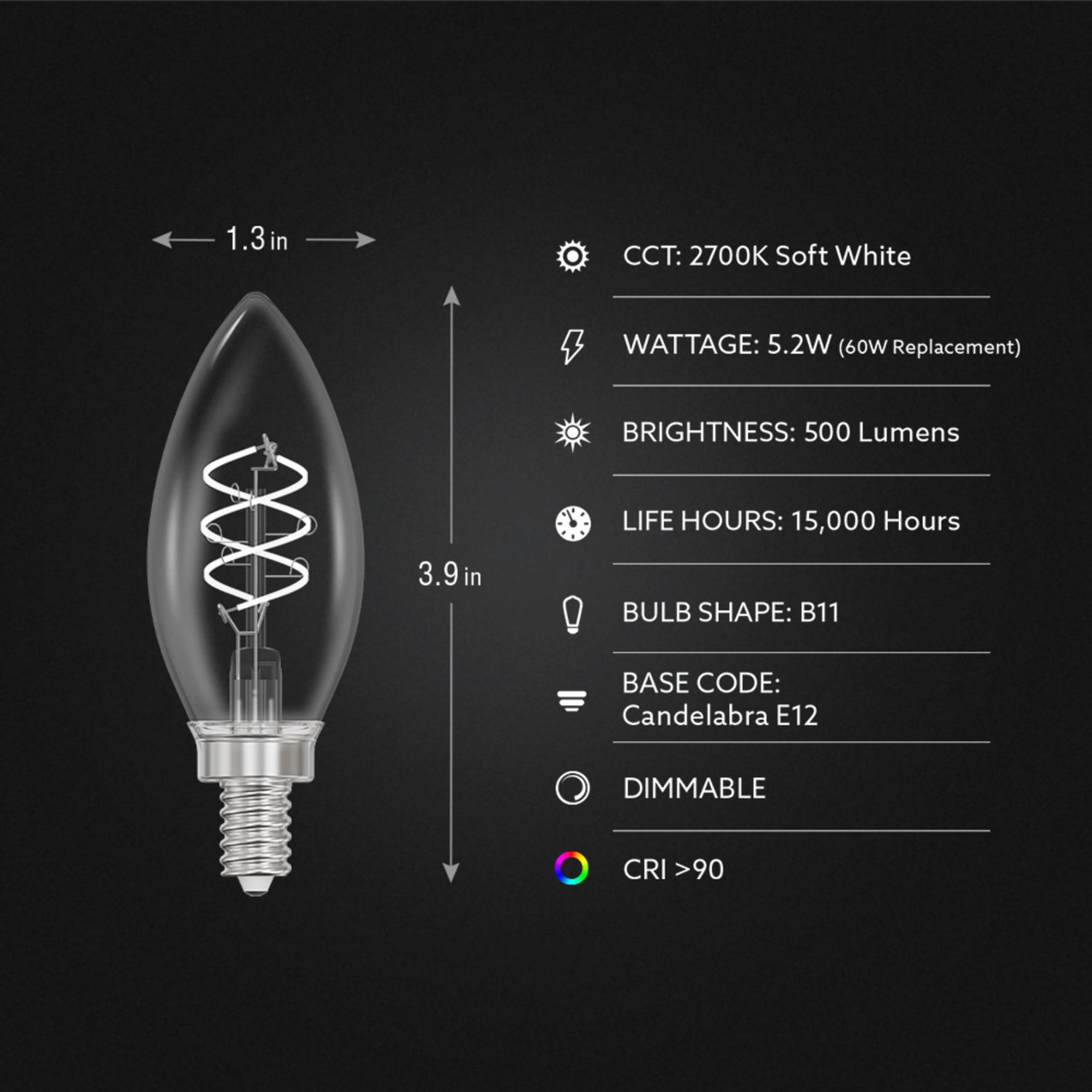 5.2W (60W Equivalent) Soft White (2700K) B11 Shape (E12 Base) Torpedo Spiral Designer White Filament Bulb (2-Pack)