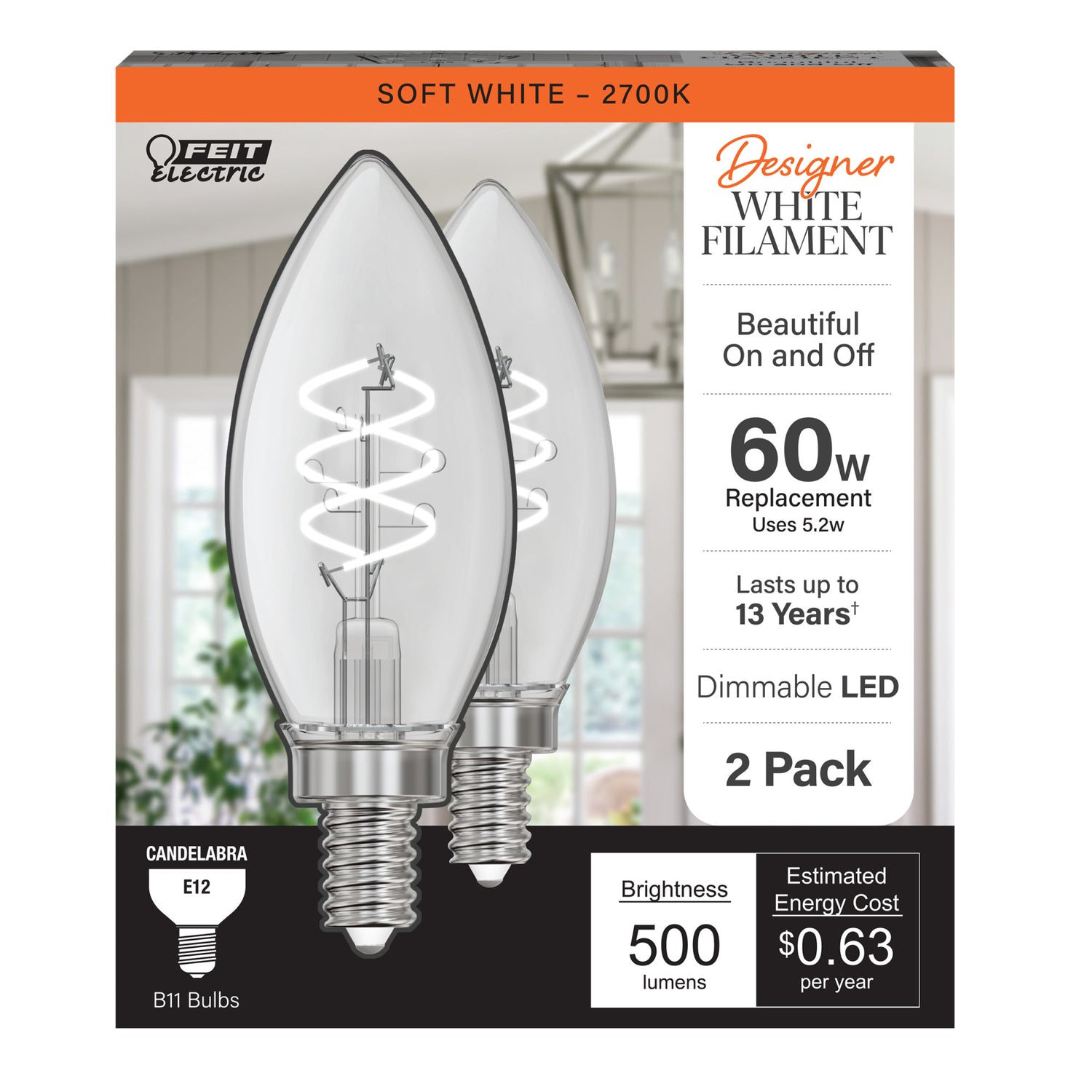 5.2W (60W Equivalent) Soft White (2700K) B11 Shape (E12 Base) Torpedo Spiral Designer White Filament Bulb (2-Pack)