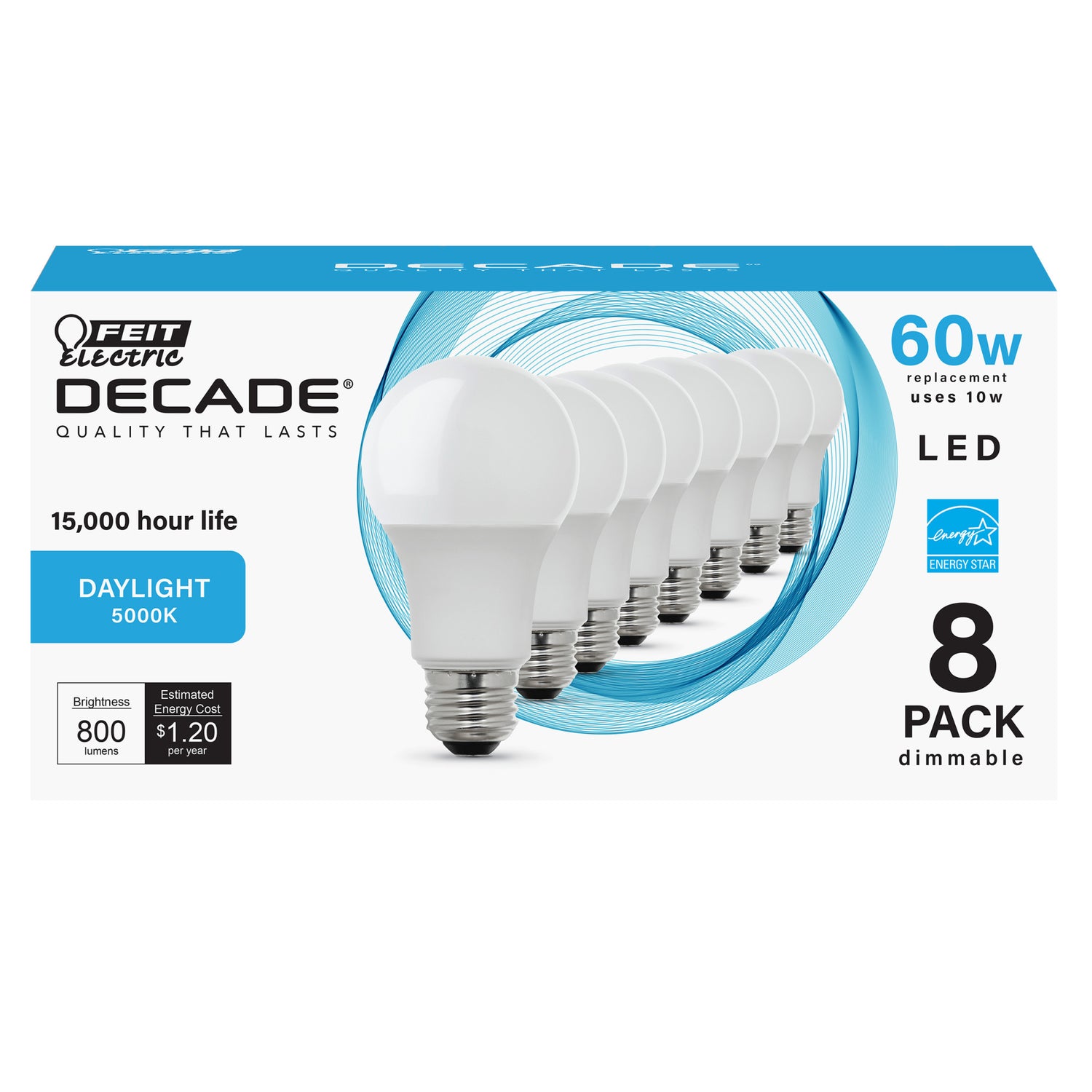 10W (60W Replacement) Daylight (5000K) E26 Base Dimmable A19 LED (8-Pack)