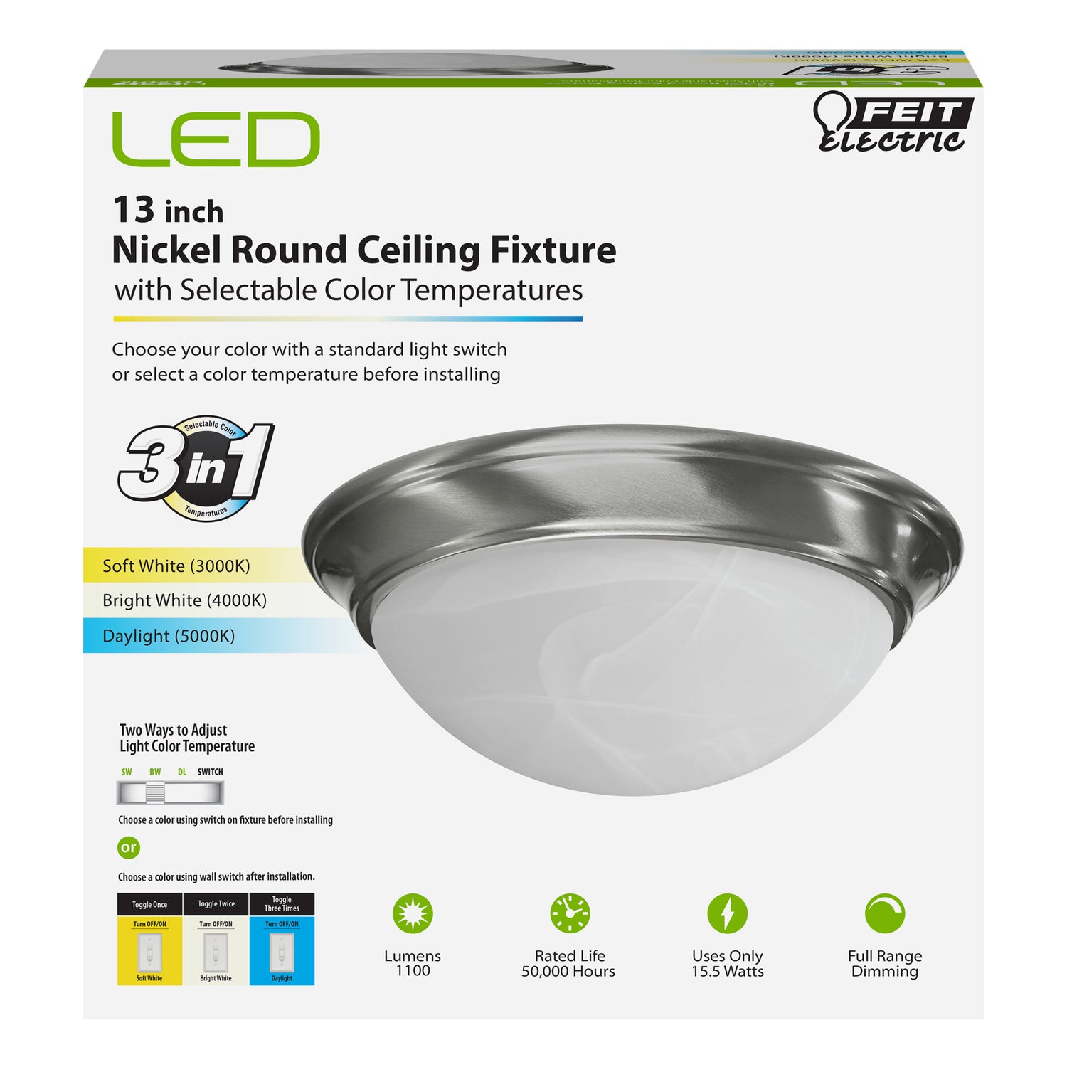 13 in. Color Selectable LED Nickel Ceiling Fixture