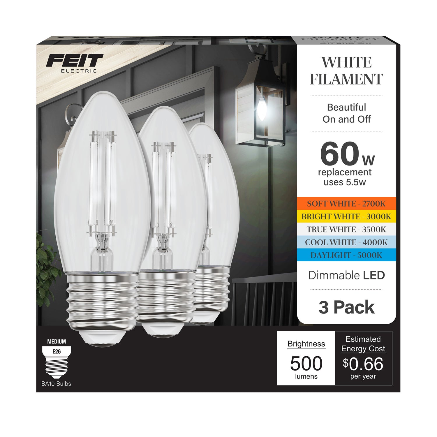5.5W (60W Equivalent) Selectable White BA10 (E26 Base) Dimmable Torpedo Tip White Filament LED Bulb (3-Pack)