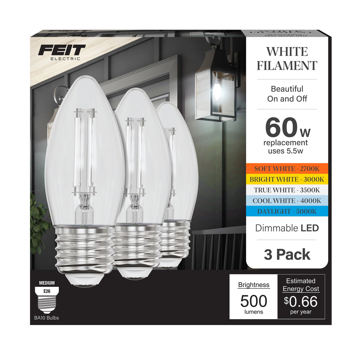 5.5W (60W Equivalent) Selectable White E26 Base BA10 Dimmable Torpedo Tip White Filament LED Bulb (3-Pack)