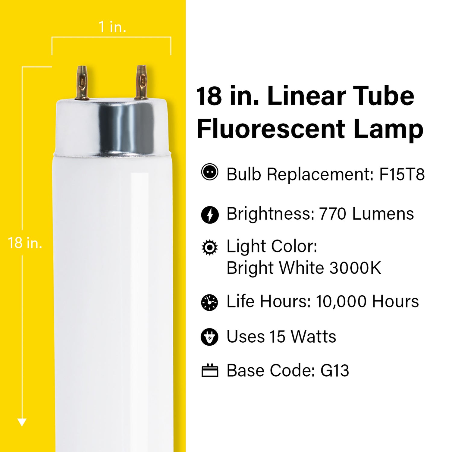 18 in. 15W Bright White (3000K) G13 Base (T8 Replacement) Fluorescent Linear Light Tube