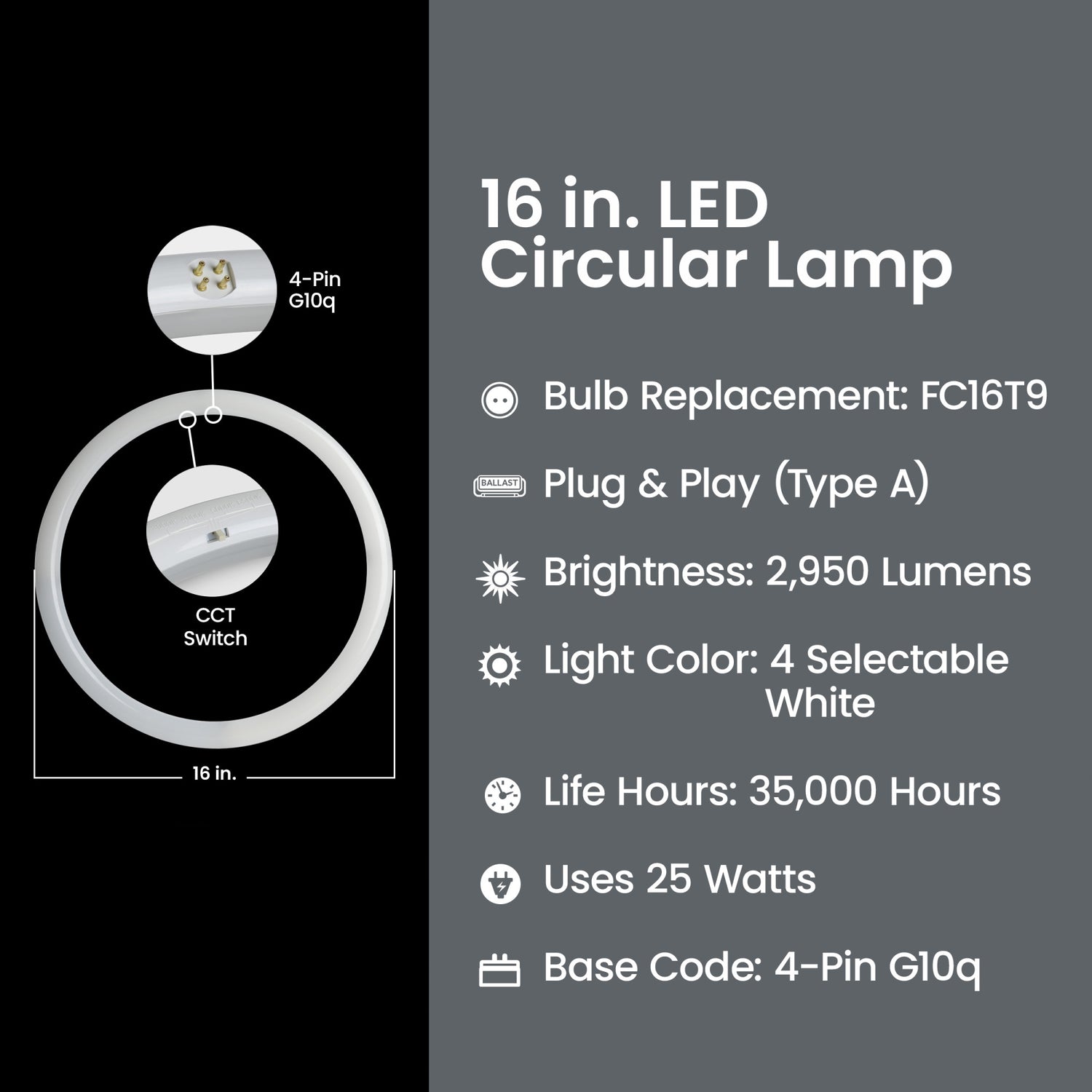 16 in. 40W Selectable White (T9 Replacement) Direct Replacement (Type A) Non-Dimmable Circular LED Light