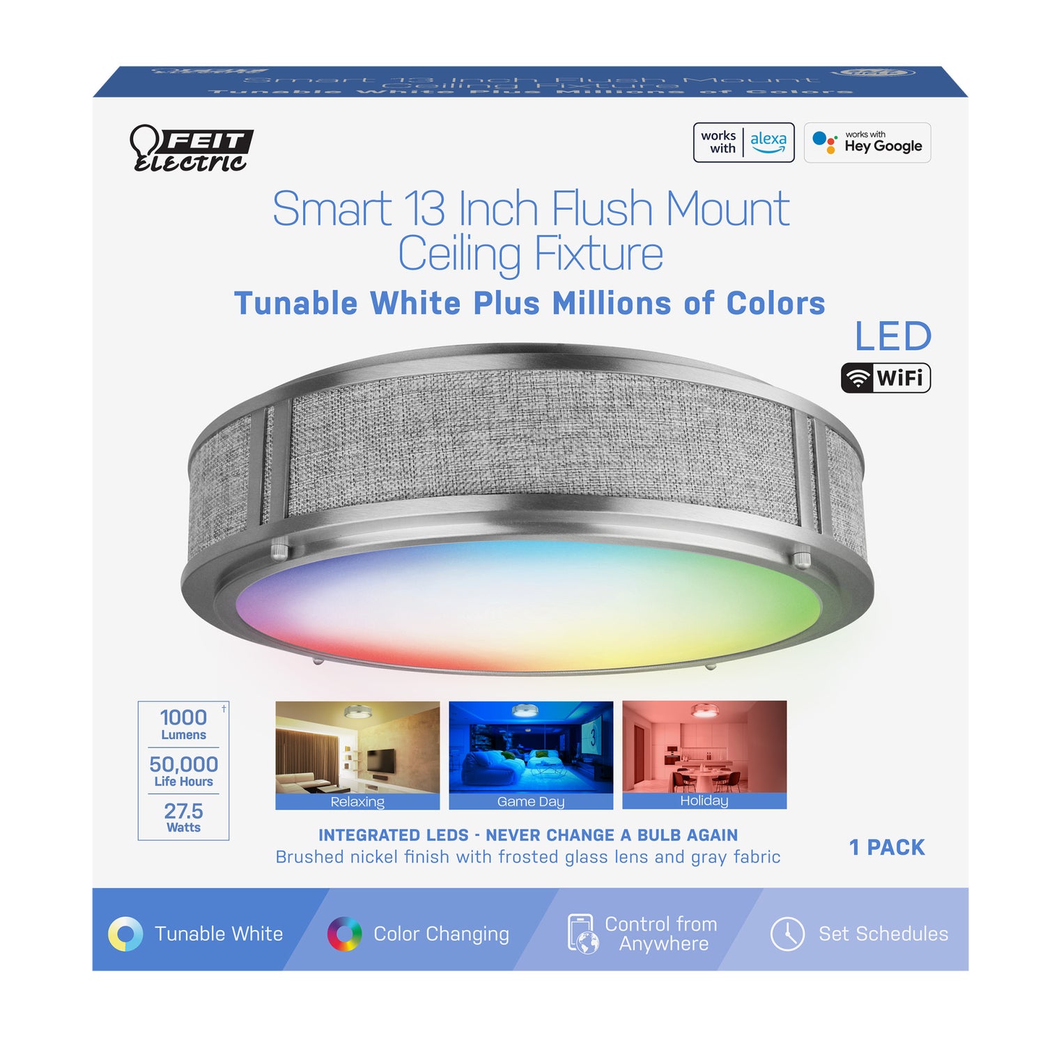 Smart WiFi 13 in. Flush Mount RGBW Ceiling Fixture Works With Alexa / Hey Google