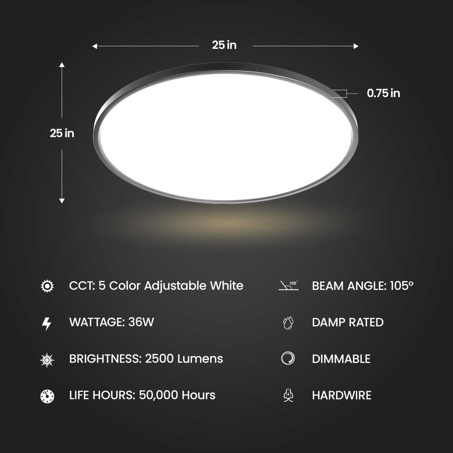 25 in. Round 36W Selectable White Flat Panel Light, Matte Black