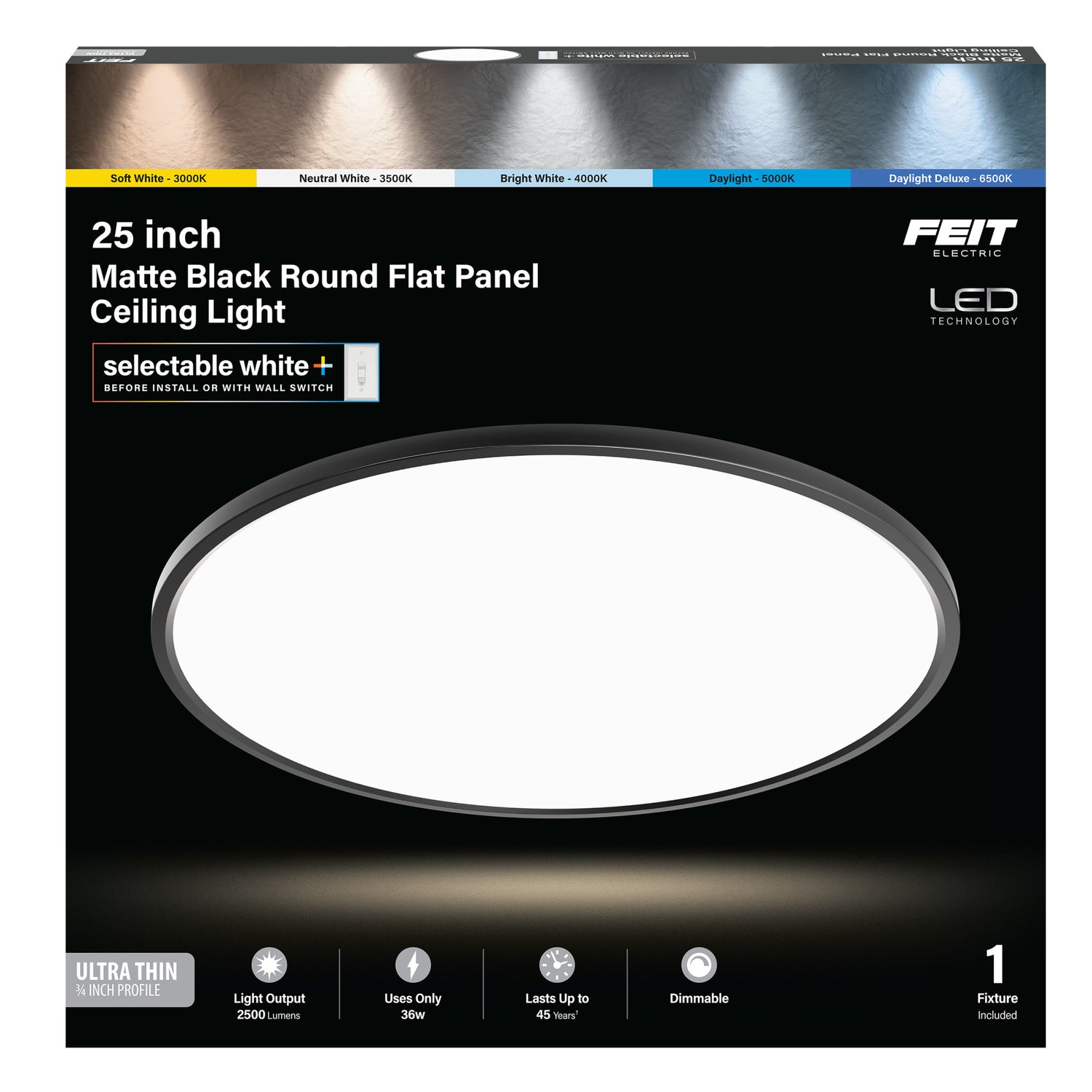 25 in. Round 36W Selectable White Flat Panel Light, Matte Black