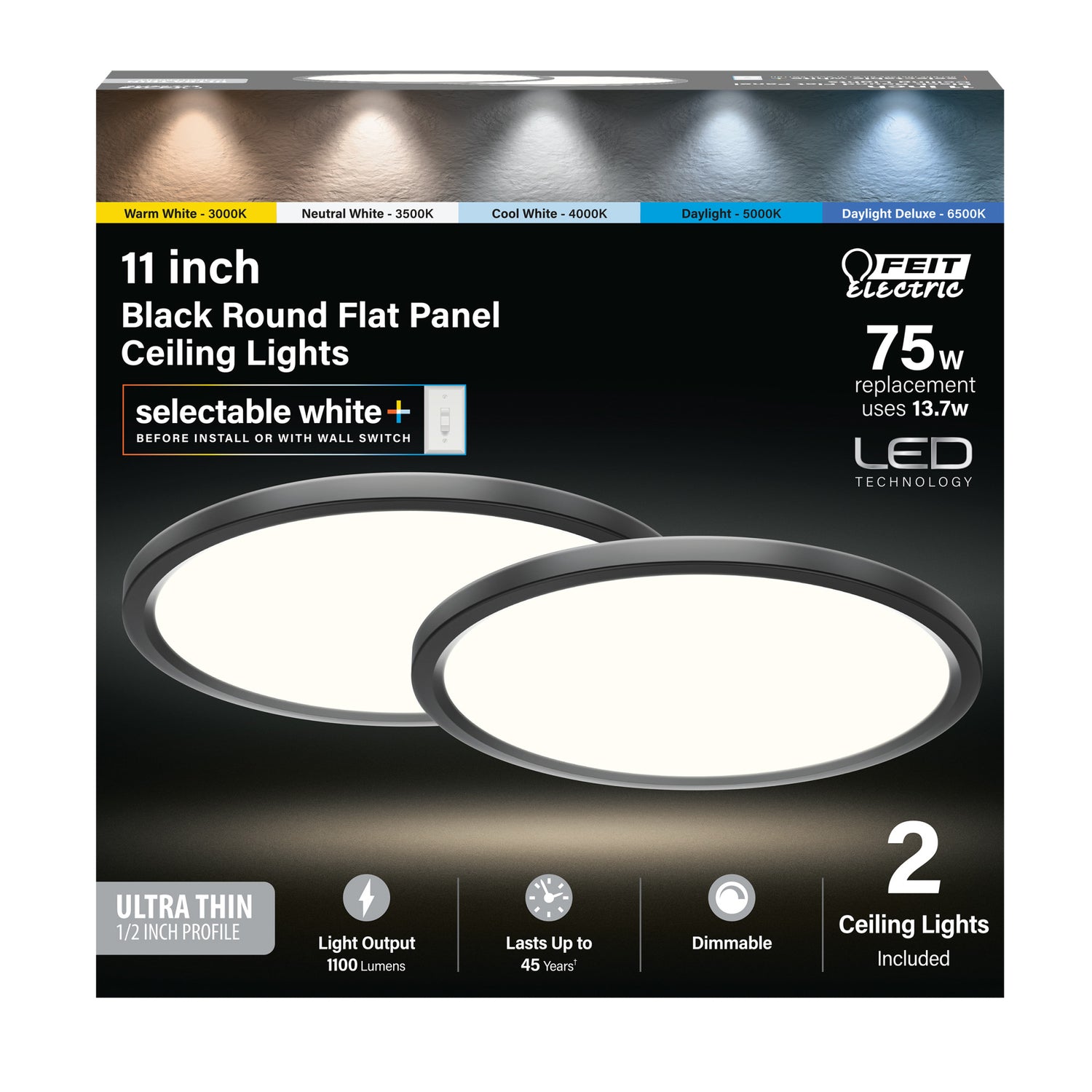 11 in. 13.7W (75W Replacement) Selectable White Round Black LED Flat Panel Ceiling Light (2-Pack)