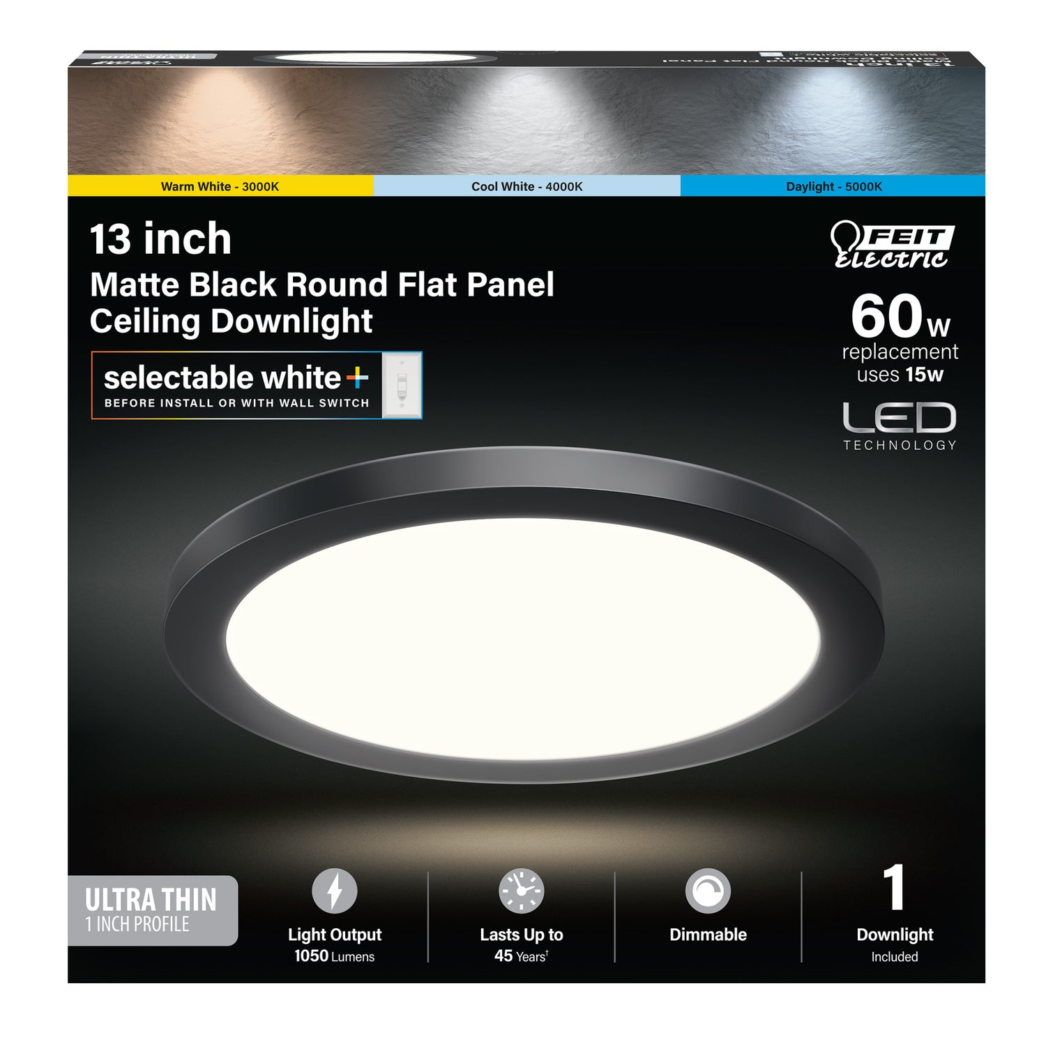 13 in. 15W Selectable White Edge-lit Black LED Light Fixture (4-Pack)