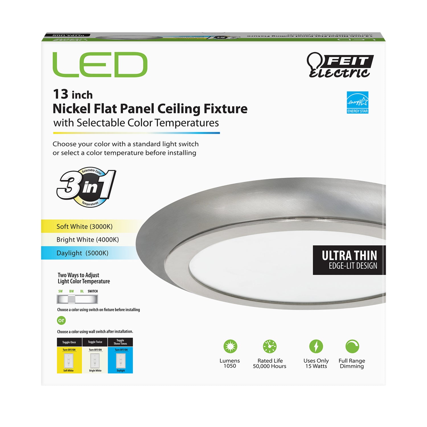 13 in. Round 3-in-1 Selectable Color Flush Mount LED Nickel Edgelit Flat Panel Ceiling Fixture