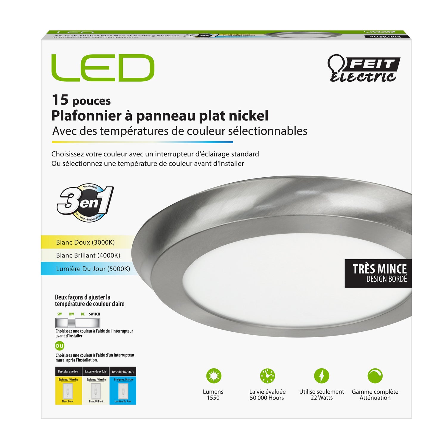 15 in. Round 3-in-1 Selectable White Nickel LED Ceiling Fixture