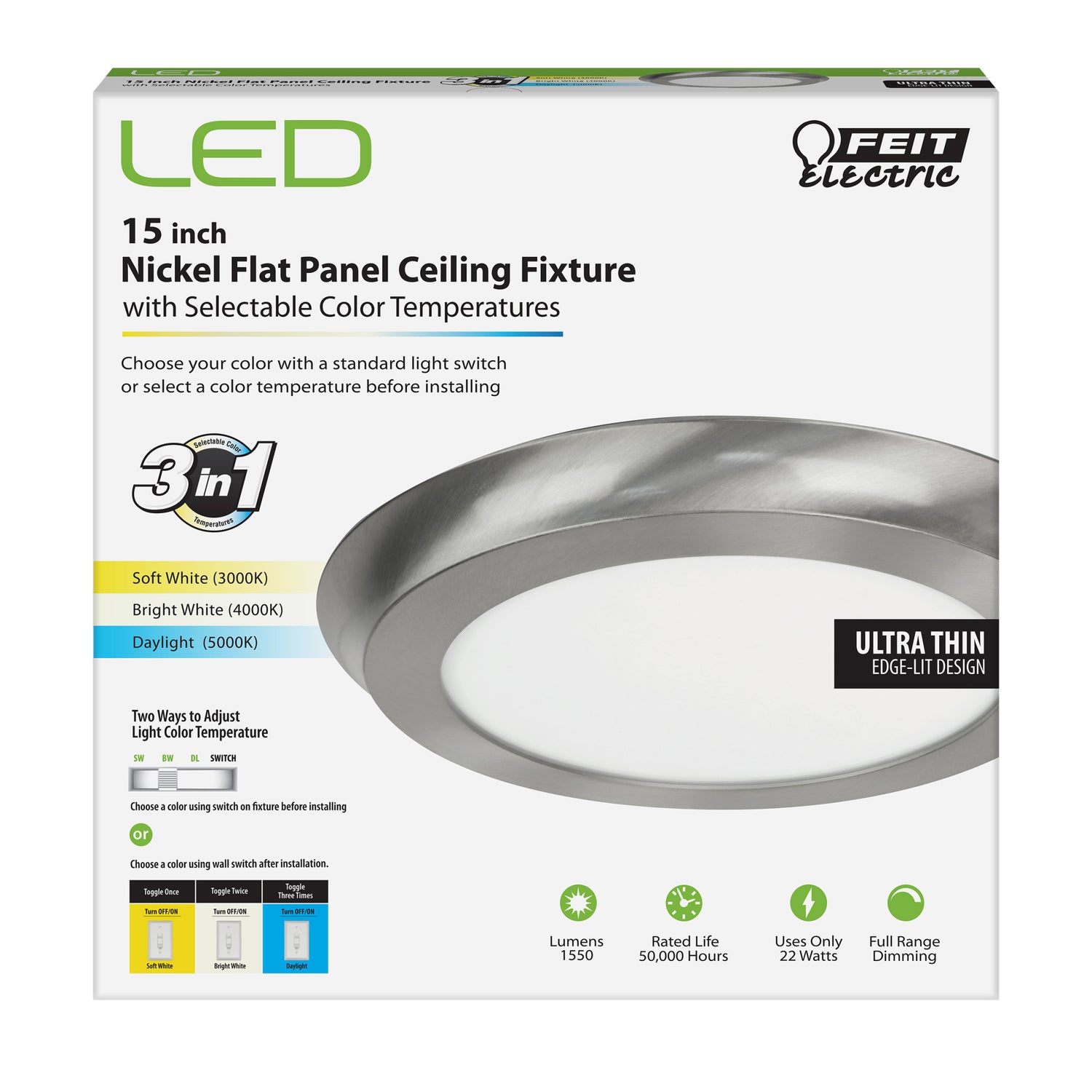 15 in. Round 3-in-1 Selectable White Nickel LED Ceiling Fixture