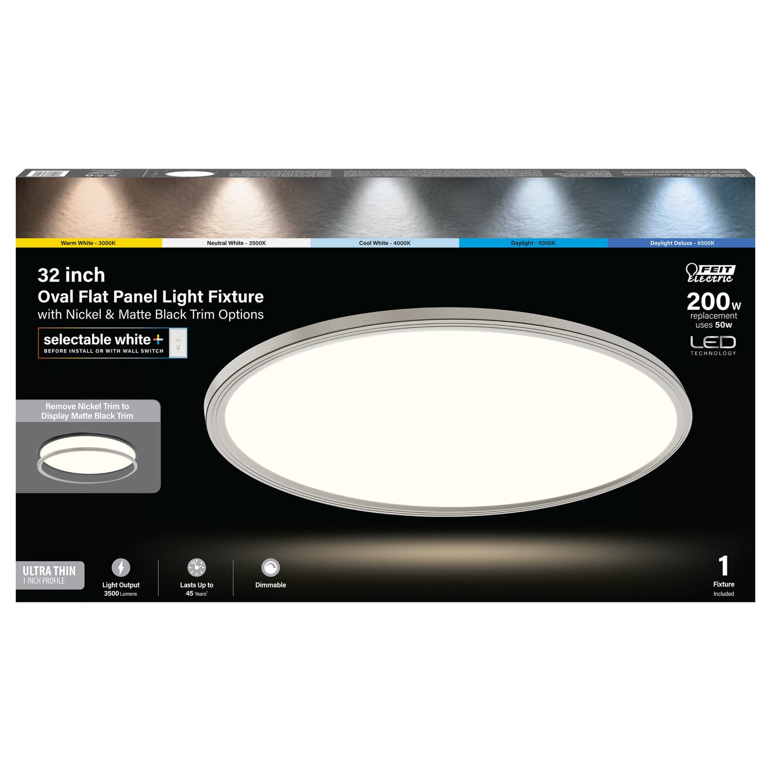 32 in. 50W 6-Way Selectable White Oval Nickel and Matte Black Edge-lit Flat Panel Ceiling Light