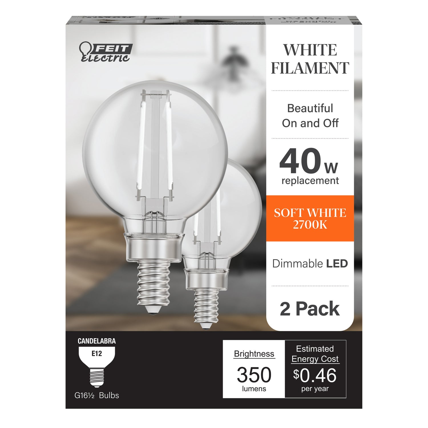 3.8W (40W Replacement) Soft White (2700K) G16 1/2 Globe Shape (E12 Base) Exposed White Filament LED Bulb (2-Pack)