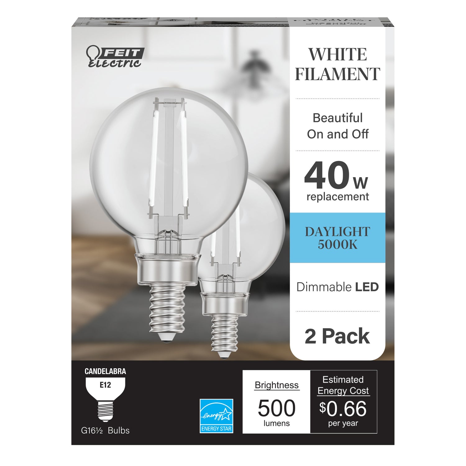 3.8W (40W Replacement) Daylight (5000K) G16 1/2 Globe Shape (E12 Base) Exposed White Filament LED Bulb (2-Pack)