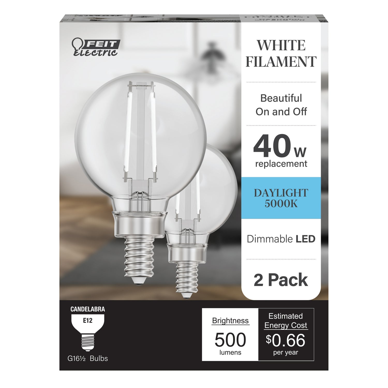 3.8W (40W Replacement) Daylight (5000K) G16 1/2 Globe Shape (E12 Base) Exposed White Filament LED Bulb (2-Pack)