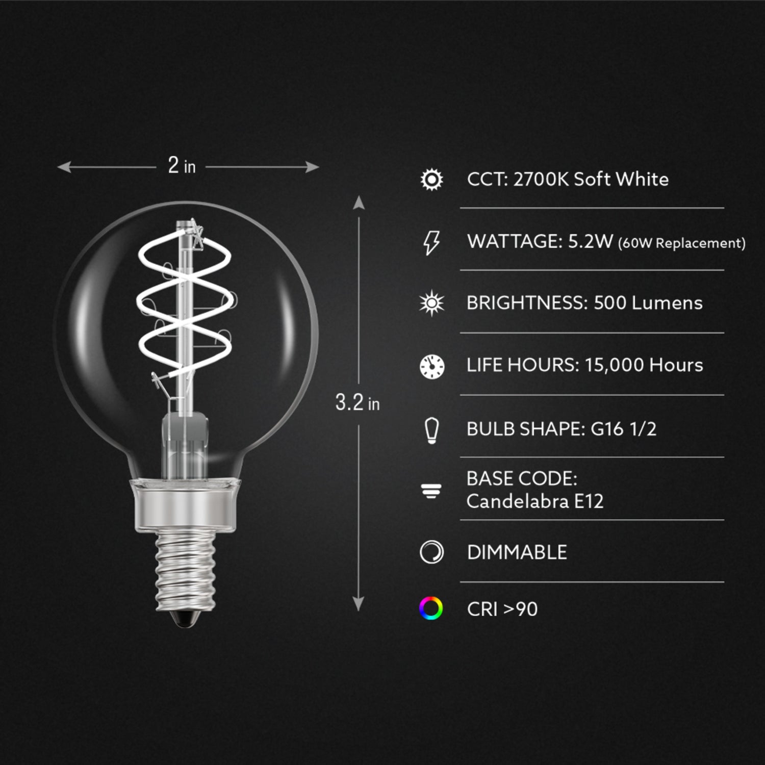 5.2W (60W Equivalent) Soft White (2700K) G16 1/2 Globe Shape (E12 Base) Spiral Exposed White Filament LED Bulb (2-Pack)