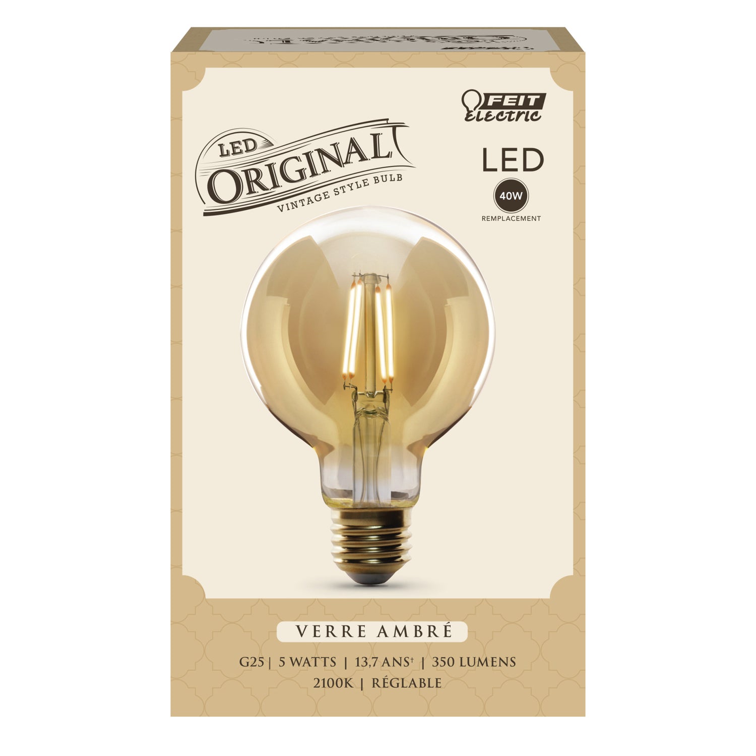 5W (40W Replacement) G25 E26 Dimmable Straight Filament Amber Glass Vintage Edison LED Light Bulb, Soft White