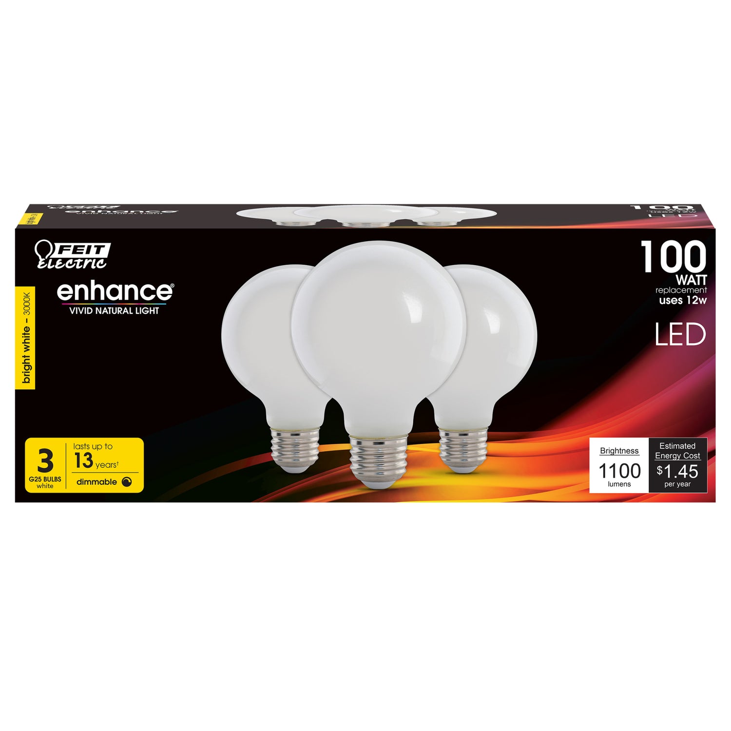 12W (100W Replacement) Bright White (3000K) E26 base G25 Frost Filament LED (3-Pack)