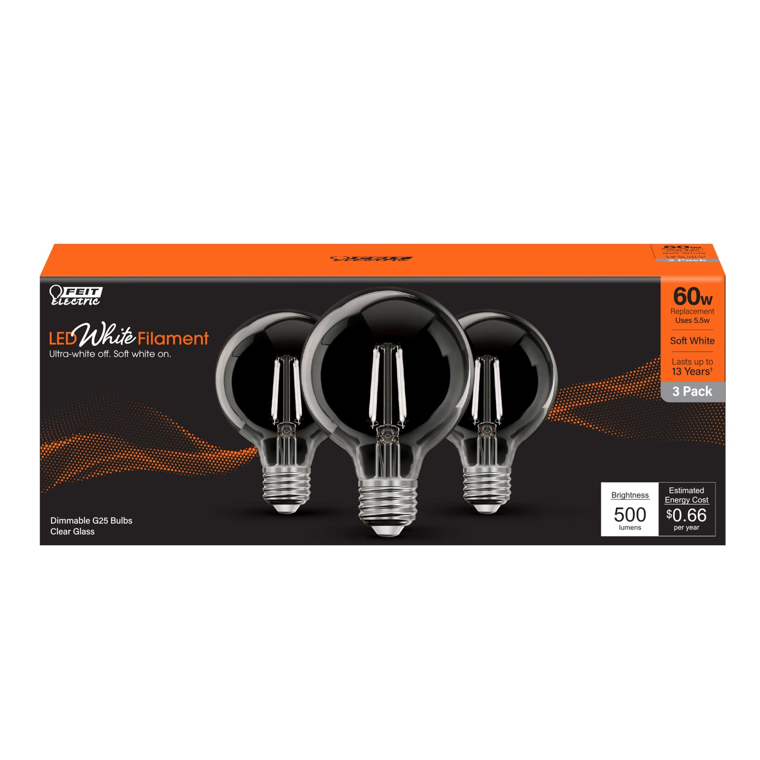 5.5W (60W Equivalent) Soft White (2700K) Globe Shape (E26 Base) Exposed White Filament LED Bulb (3-Pack)