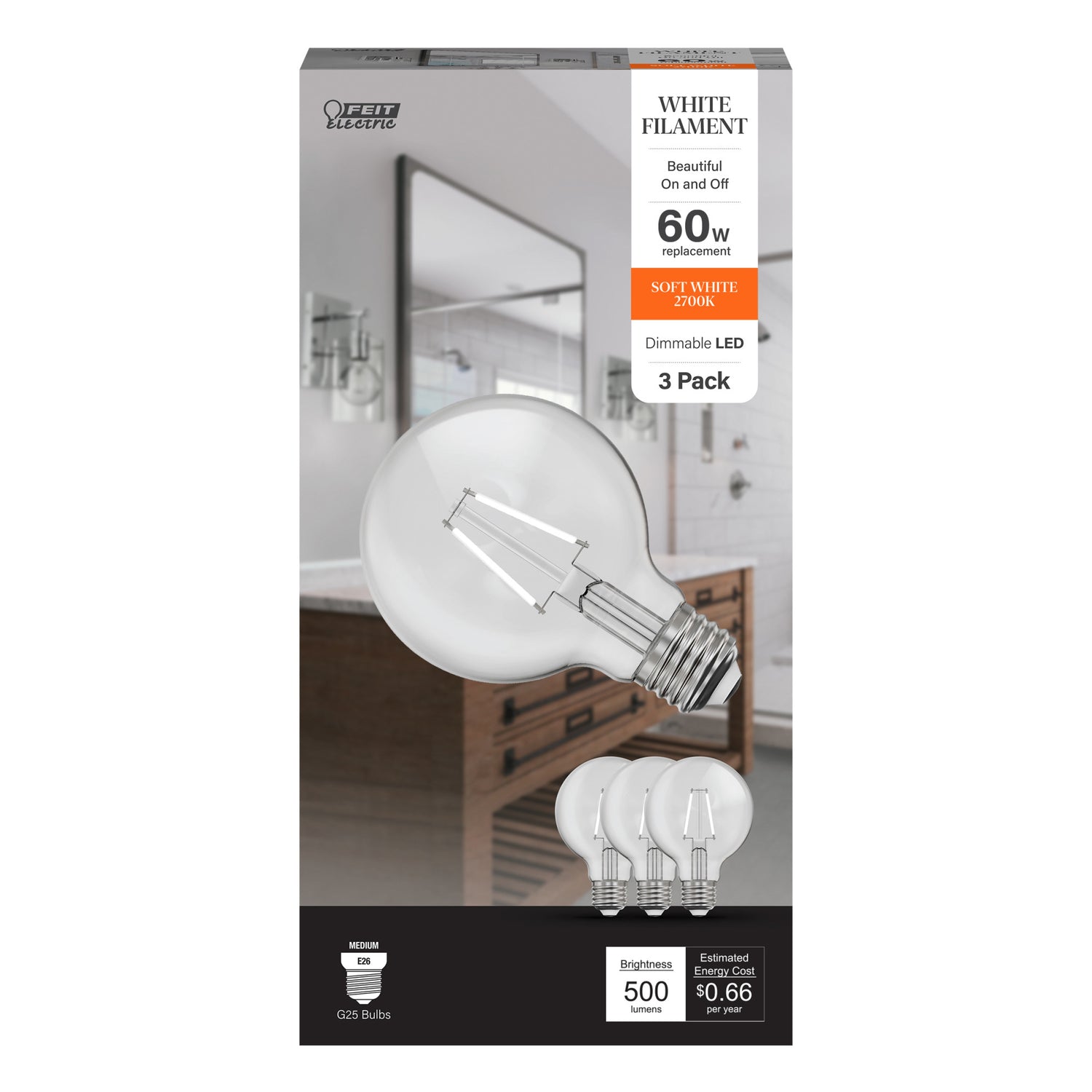 5.5W (60W Replacement) Soft White (2700K) Globe Shape (E26 Base) Exposed White Filament LED Bulb (3-Pack)