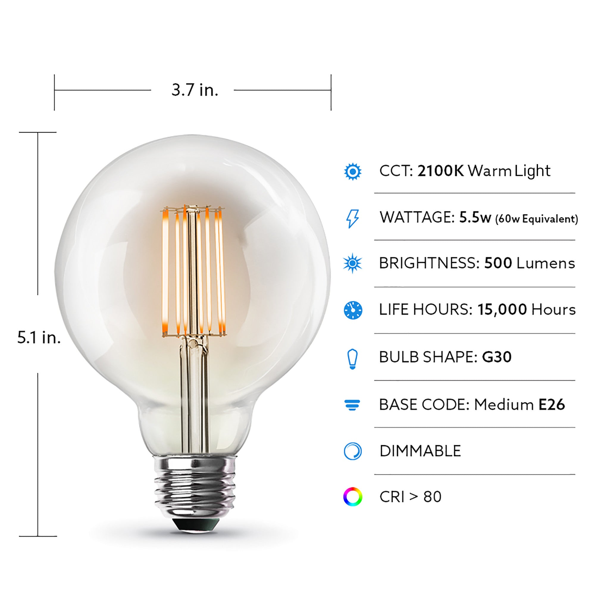 5.5W 60W Replacement G30 E26 Dimmable Cage Filament Clear Glass