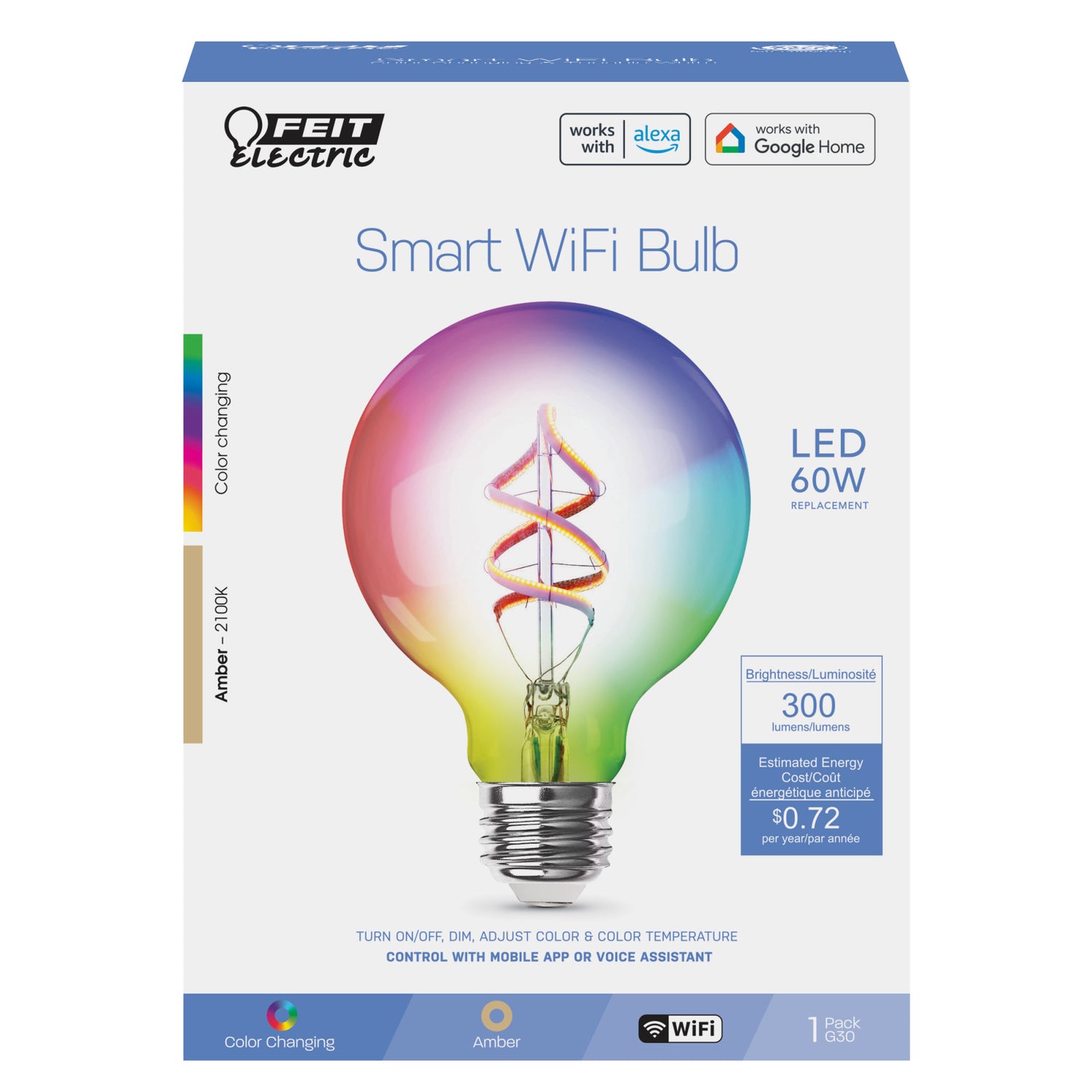 6.5W (60W Replacement) G30 E26 Dimmable Color Changing Spiral Filament Vintage Decorative Smart Wi-Fi LED Light Bulb