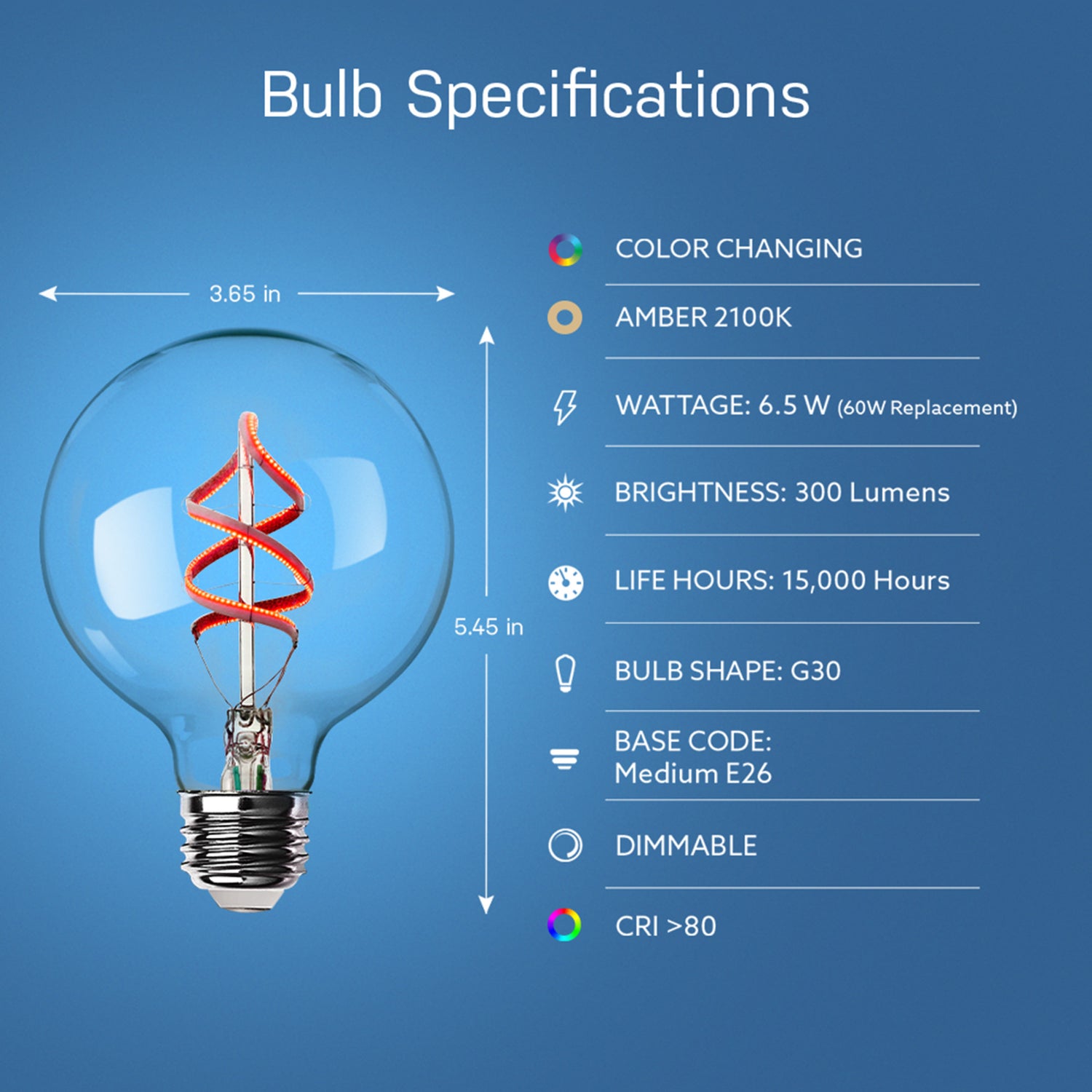 6.5W (60W Replacement) G30 E26 Dimmable Color Changing Spiral Filament Vintage Decorative Smart Wi-Fi LED Light Bulb