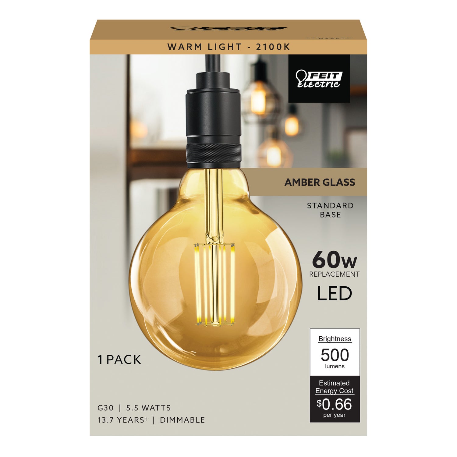 5.5W (60W Replacement) G30 E26 Cage Filament Amber Glass Vintage Edison LED Light Bulb, Warm Light