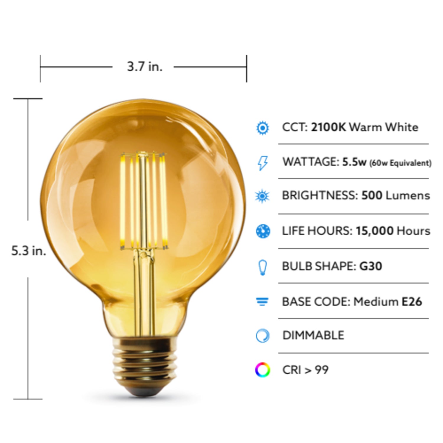 5.5W (60W Replacement) G30 E26 Cage Filament Amber Glass Vintage Edison LED Light Bulb, Warm Light