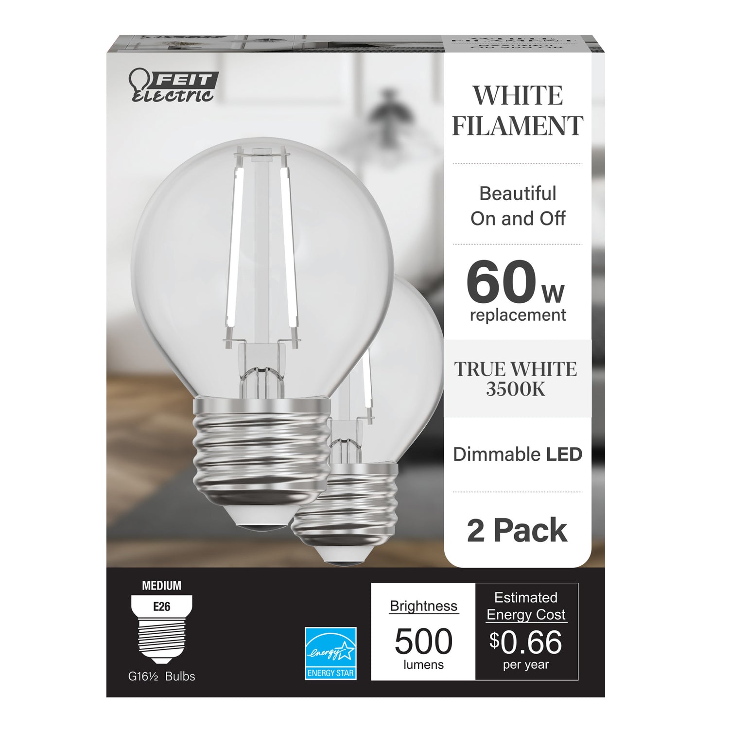 5.5W (60W Equivalent) True White (3500K) G16 1/2 Globe Shape (E26 Base) Exposed White Filament LED Bulb (2-Pack)