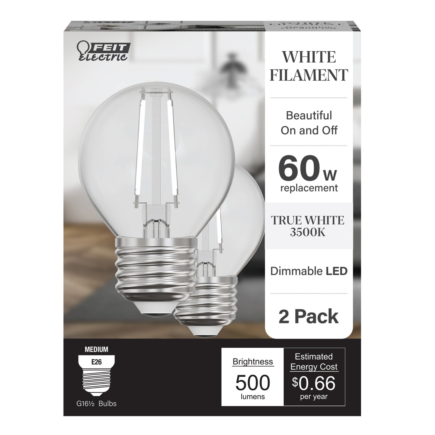 5.5W (60W Equivalent) True White (3500K) G16 1/2 Globe Shape (E26 Base) Exposed White Filament LED Bulb (2-Pack)