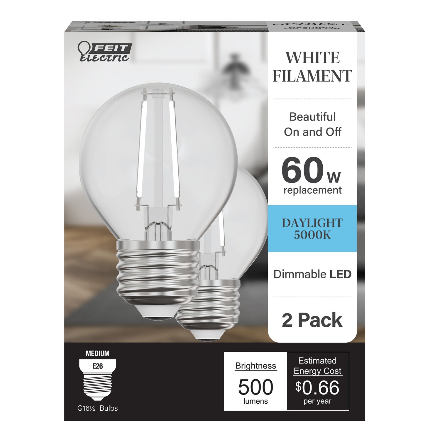 5.5W (60W Replacement) Daylight (5000K) G16 1/2 Globe Shape (E26 Base) Exposed White Filament LED Bulb (2-Pack)